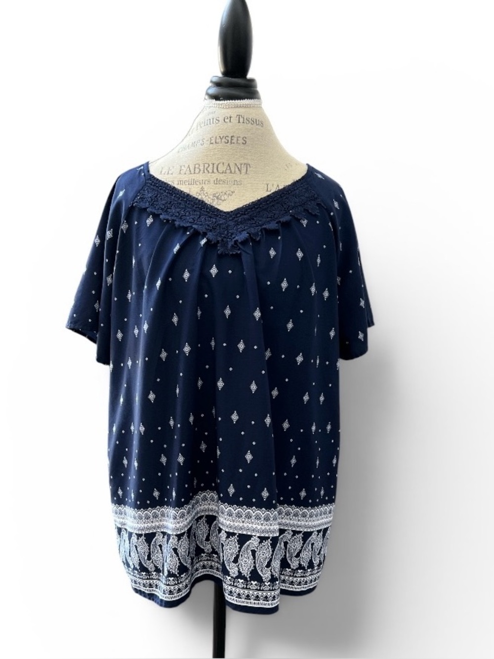 Rebecca Malone Navy Paisley Boho Crochet Lace Peasant Top Size Large